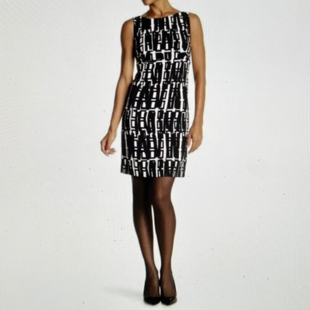 MILLY Geo Crepe Sheath Dress Black/White Sz14 NWT $435